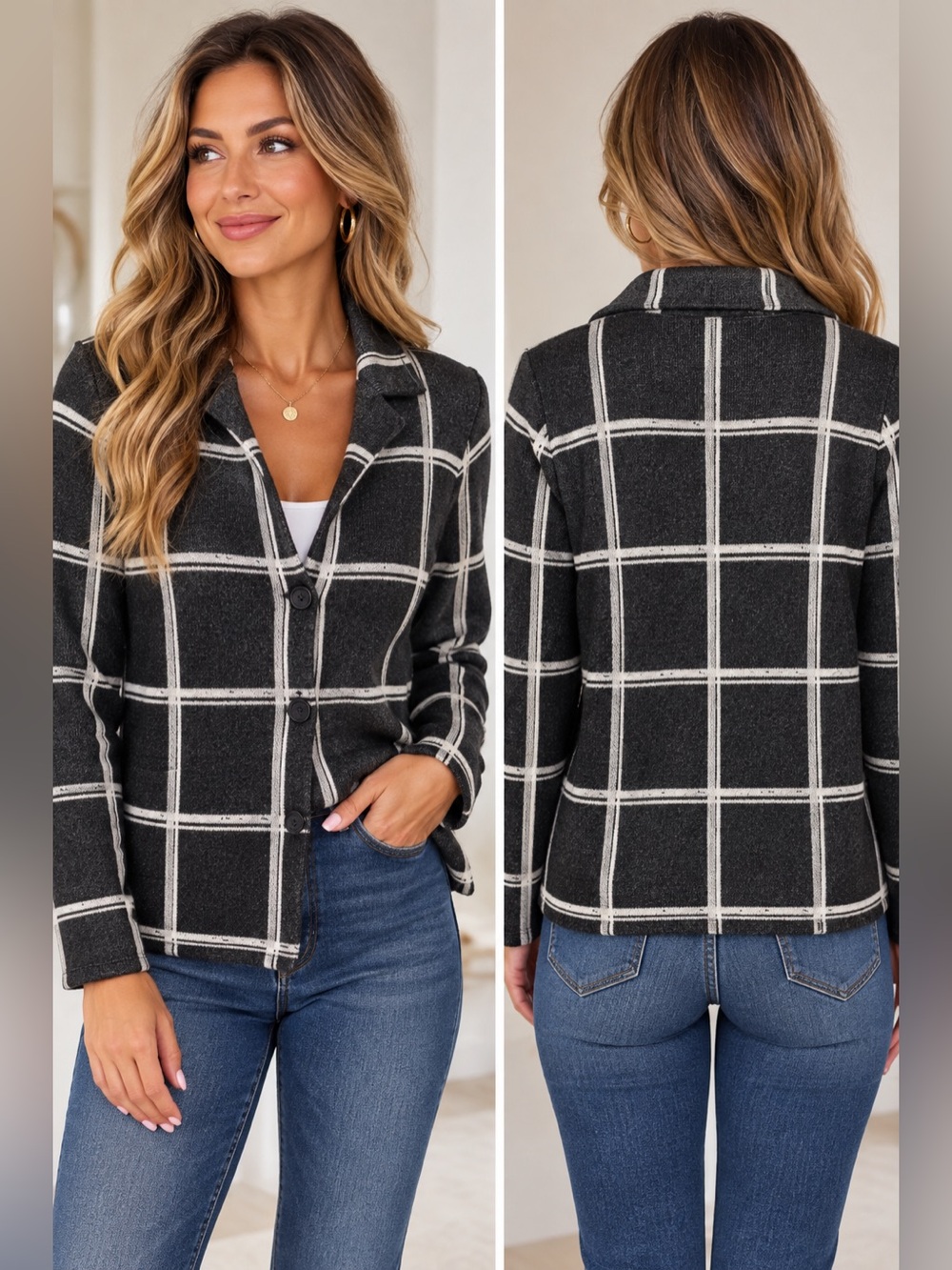 Bartolini Italy Wool Cashmere Cardigan Jacket M Black White Plaid Quiet Luxury